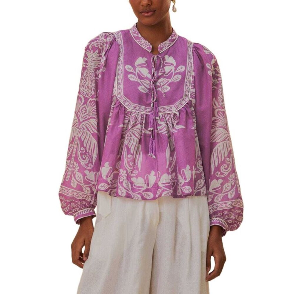 Farm Rio Womens Sweet Garden Lilac Long Sleeved Blouse